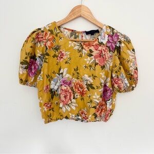 Rachel Rachel Roy Linen Blend Floral Puff Sleeve Top Yellow Cropped Sz Small